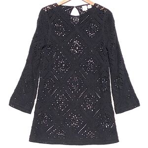 JOIE Women’s Black Crochet Flare Sleeve Tunic Dress Keyhole Back Size med